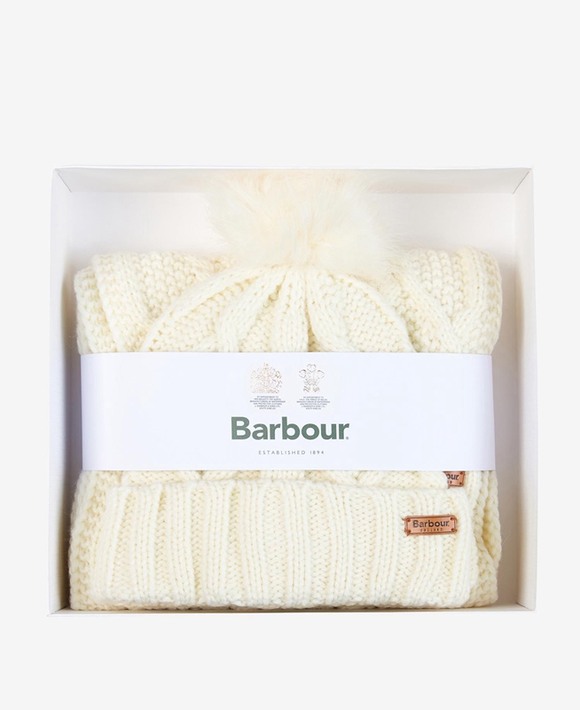 Cream Barbour ridley beanie and scarf Women's Hats | TIYE-34087