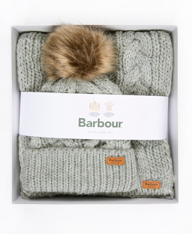 Grey Barbour Penshaw Beanie & Scarf Set Women's Hats | QAGC-73580