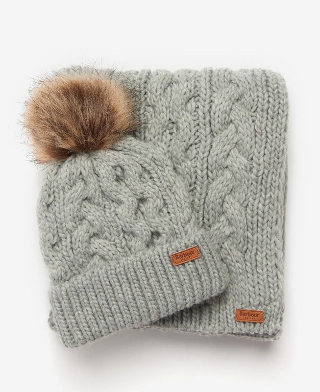 Grey Barbour Penshaw Beanie & Scarf Set Women's Hats | QAGC-73580