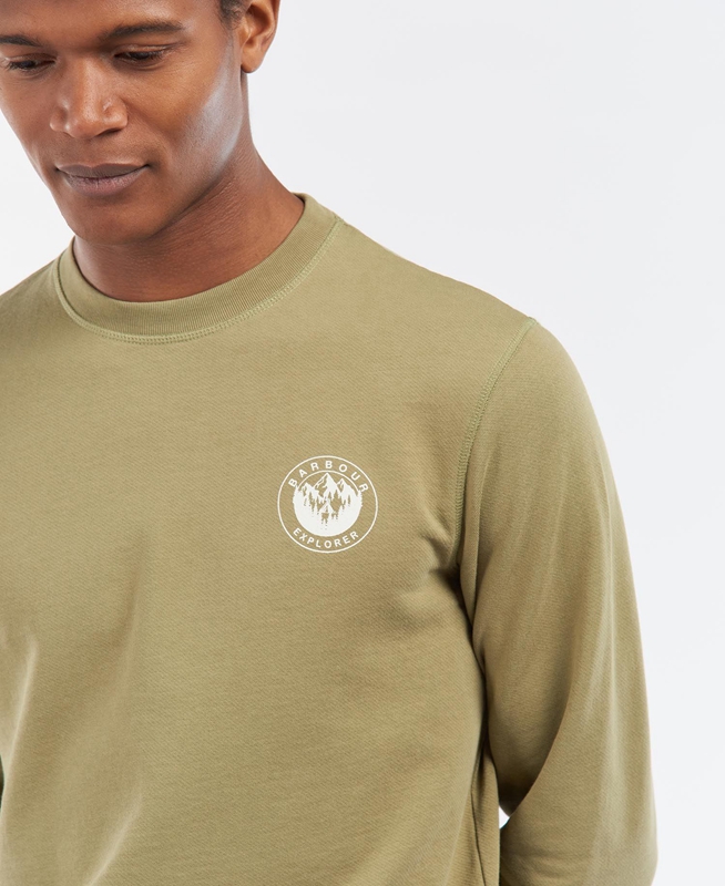 Olive Barbour Explorer Camper Crew Men's Sweatshirts | NPIY-81960